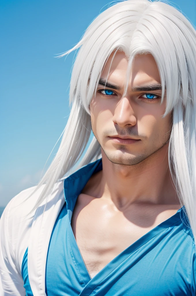A man with white hair and blue eyes anime style