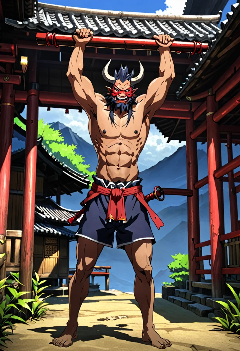 Shirtless Oni hanging a peasant using just one hand