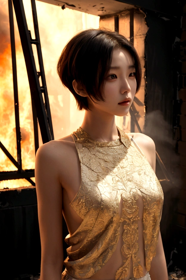 8K, masterpiece, A beautiful woman with short hair standing inside a burning building, Lookbook, (upper body:1.4)