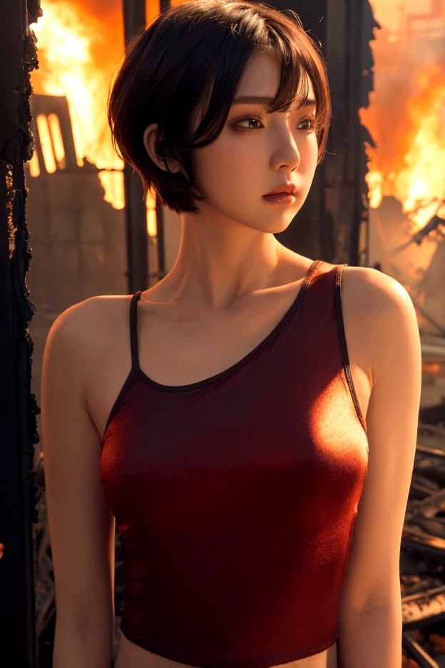 8K, masterpiece, A beautiful woman with short hair standing inside a burning building, Lookbook, (upper body:1.4)