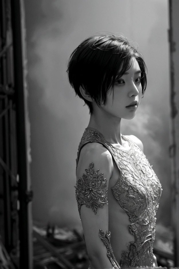 8K, masterpiece, A beautiful woman with short hair standing inside a burning building, Lookbook, (upper body:1.4)