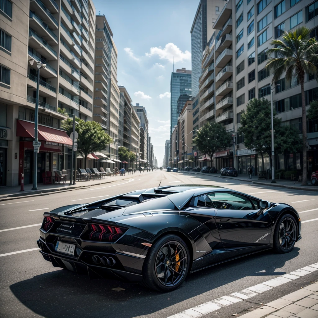 An image of a Lamborghini on the beach, on the street near a beach, with the buildings behind the Lamborghini facing the front of the photo and the photo