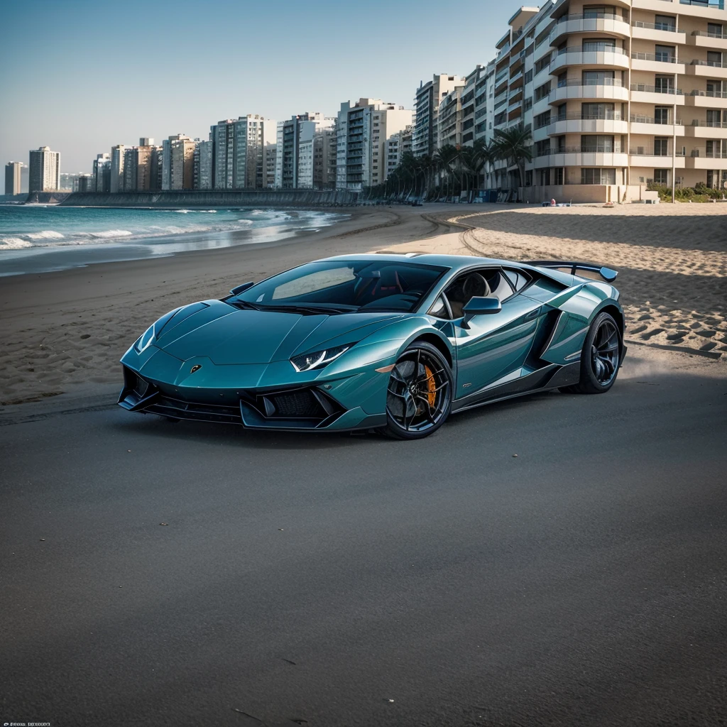 An image of a Lamborghini on the beach, on the street near a beach, with the buildings behind the Lamborghini facing the front of the photo and the photo
