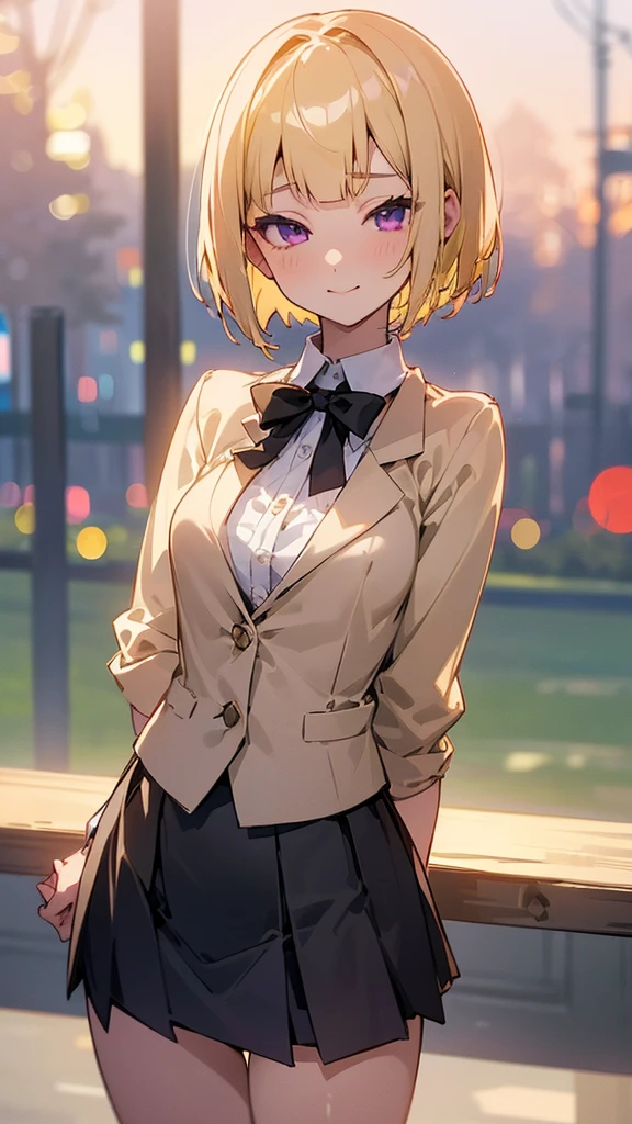 1 Girl、8K、Sharp focus、(Bokeh) (Highest quality) (Detailed skin:1.3) (Intricate details) (anime)、(blonde)、short hair、Bobcut、Blunt bangs、Beautiful purple eyes、Slender body、White shirt、Black mini skirt、Black Fitted Blazer、Calm face、Mouth closed、Cheeky Smile、Squint your eyes、Park in the background、sunset、Soft lighting.