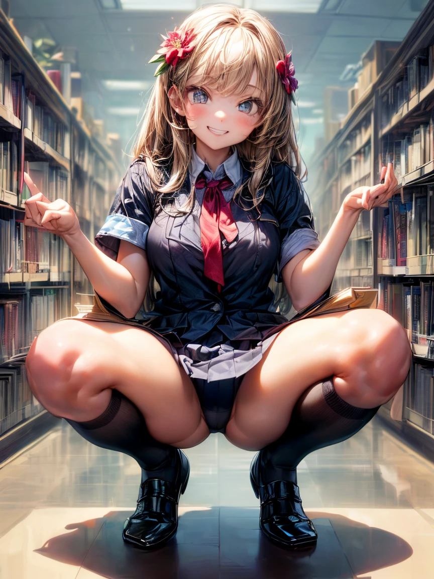 (High School Uniform:1.5)、(Spread your legs)、(Rich color expression)、(Big Breasts)、8K resolution、 masterpiece、((Highest quality))、Anatomically correct、The girl is alone、(I narrowed my eyes a little.:2)、(Flower Hair Ornaments)、(tie)、(ribbon)、((Hasselblad Photos))、[:(Detailed face:1.2):0.2]、(Squat:1.3)、(Grin)、(library)