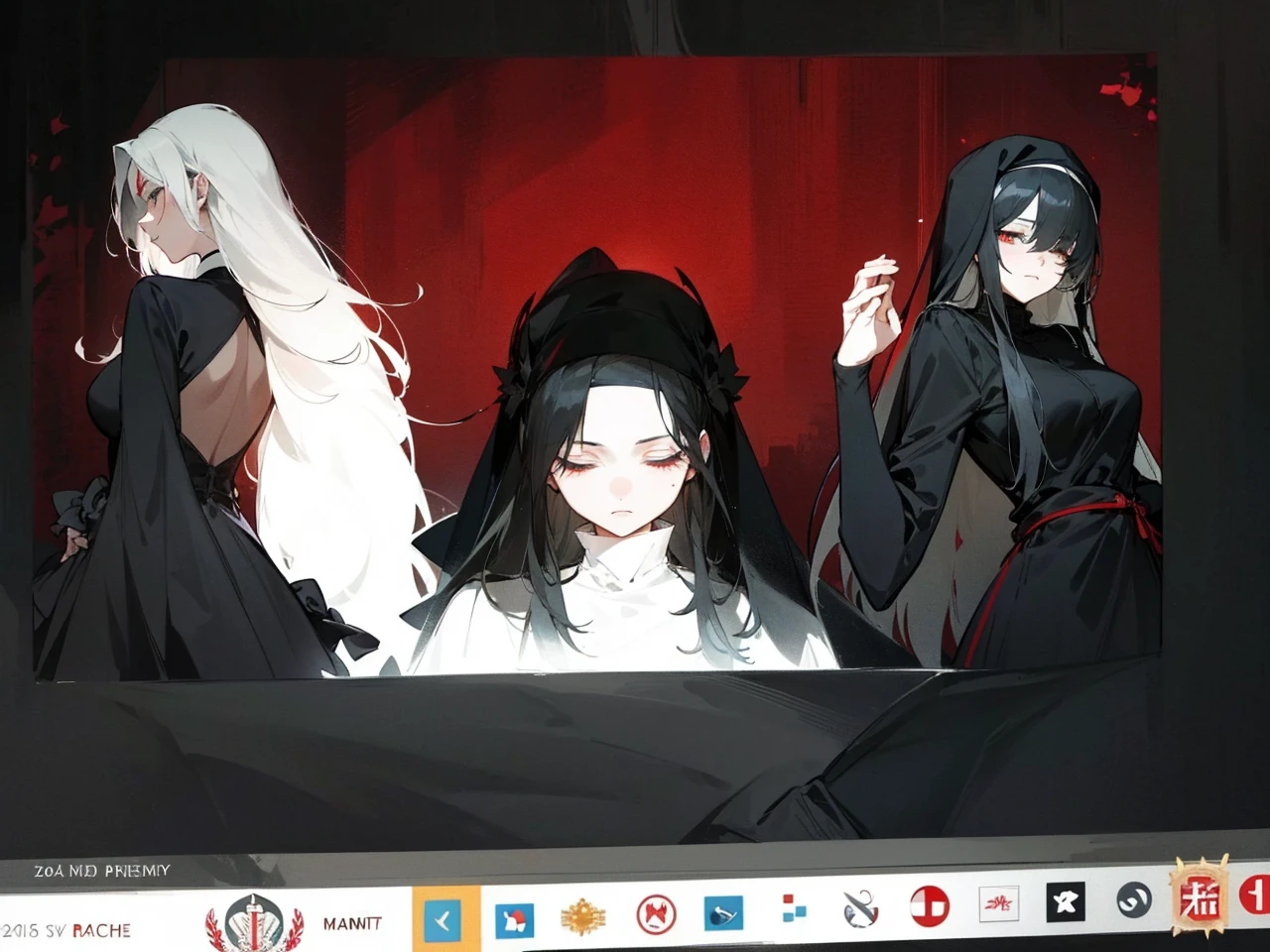 Make an anime poster, has 4 women in it, on the left side a classy dressed beauty with only the colors red and white, has an angelic presence but a demonic personality, she wears a hat on her head and a long mature gown. On the middle, a millitary general with black and white hair, and a blindfold covering her eyes. Behind her in the back, a woman faded in the background, only her eyes red Phoenix can be seen. Finally at the very right side a nun with a blindfold and a church nun fantasy black dress, holding her hands together symbolizing a prayer gesture.