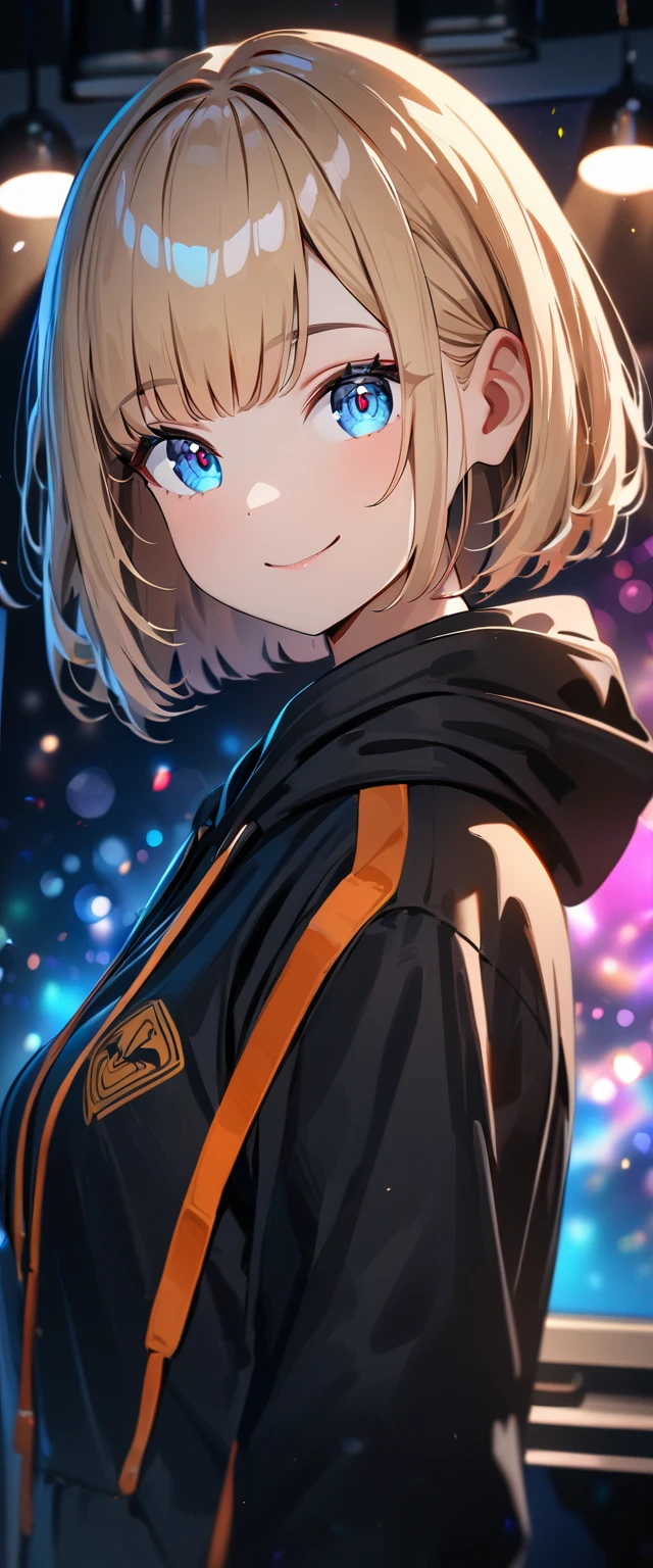 (((One girl))), blond hair, bob cut, (upper body), (looking at viewer), breasts, teenager, head tilt:1.3, (((blue eye))), (from side), selfie, reaching, ((happy smile)), black hoodie:1.3, black shorts:1.3, anime style, (best quality, 4k, 8k, highres, masterpiece:1.2, ultra-detailed, ultra-detailed eyes, HDR, UHD, studio lighting, ultra-fine painting, sharp focus, physically-based rendering, extreme detail description, professional, vivid colors, bokeh)
