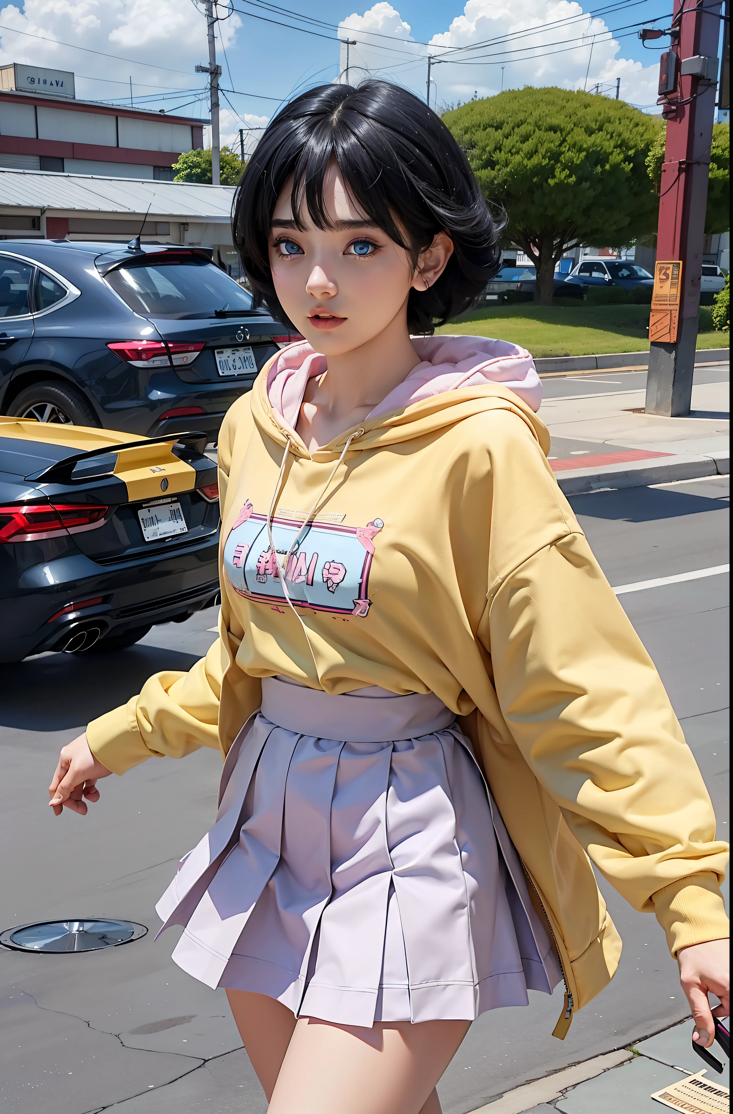 Turns every photo work art ,of a woman with long black hair and a pink shirt, she has a distant expression, semi realistic anime, in an anime style, semirealistic anime style, she has black hair, in anime style, (blue eyes:1.3), blunt bangs ,Uzumaki Himawari ,realistic ultra high qualiti detail images HD Restoration ,Ai,filter ,super detail clothes ,eliminates to enchance igamages quality
