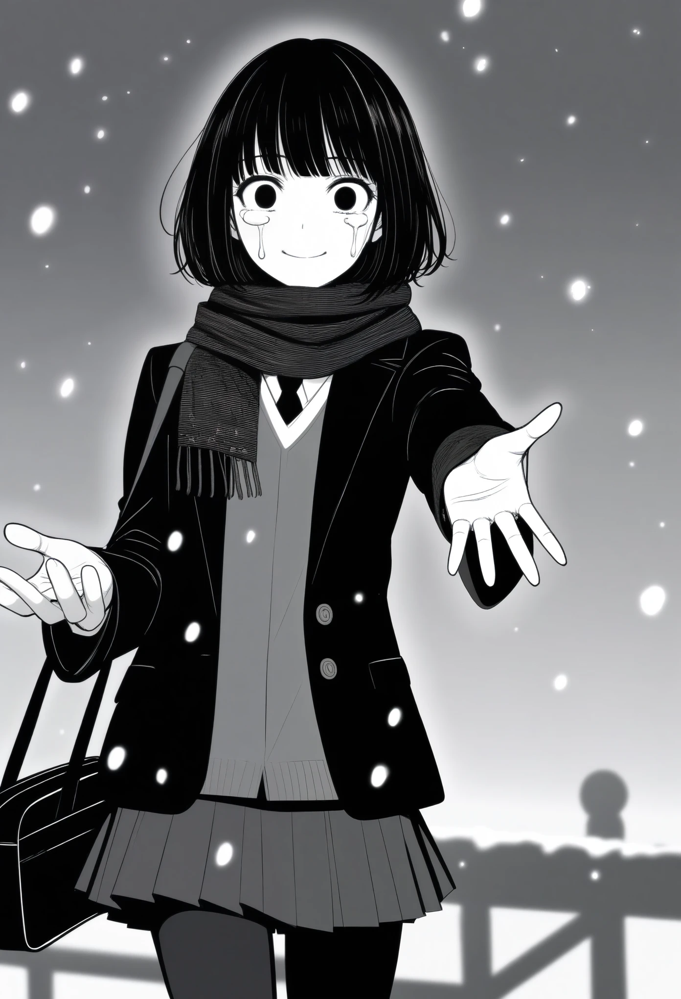 masterpiece, best quality, 1girl, mamerakkkkko, grayscale, manga style, japanese, chi no wadachi, black eyes, street, iced, black hair, schoolbag, smile, lineart, black coat, black scarf, black pleated skirt, leggins, centered, 18 years old, tall, fair skinned, bokeh background, crying, tears, tears streaming, bob cut, light particles, centered, snowing, (((reaching out a hand to viewer, perfect hand, detailed hand)))