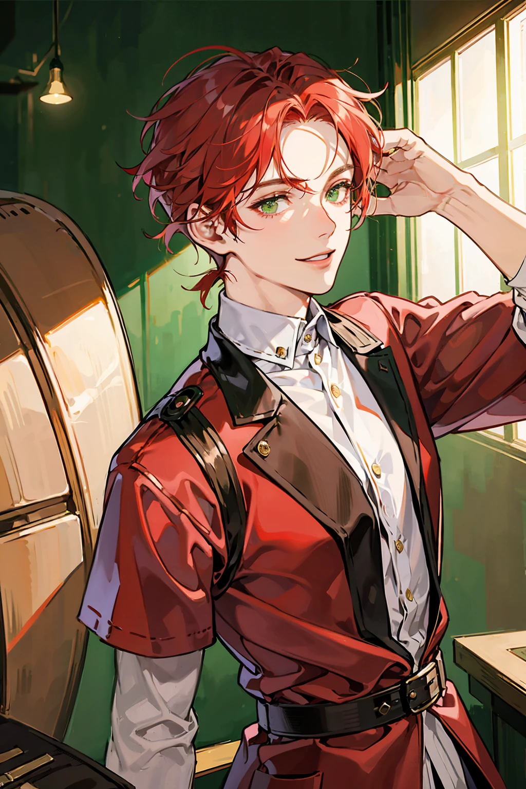 Red-haired man, with olive green eyes, short hair, putting hair up with his hands, smiling, very handsome, cinematic lighting, looking at the viewer, close up shots