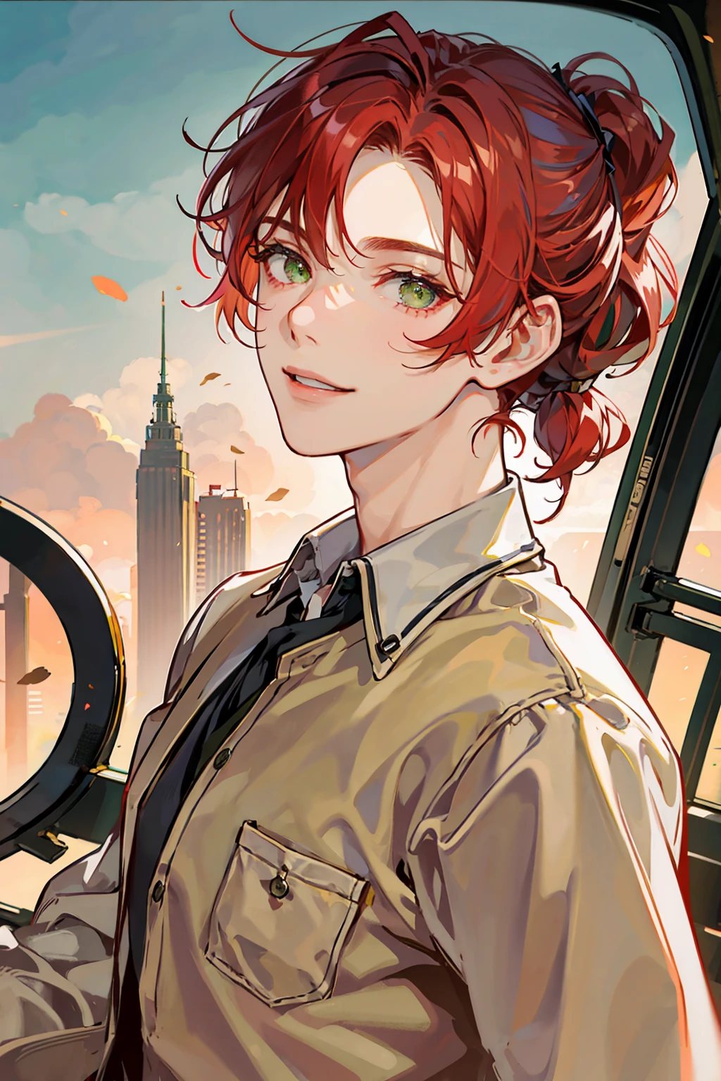 Red-haired man, with olive green eyes, short hair, putting hair up with his hands, smiling, very handsome, cinematic lighting, looking at the viewer, close up shots