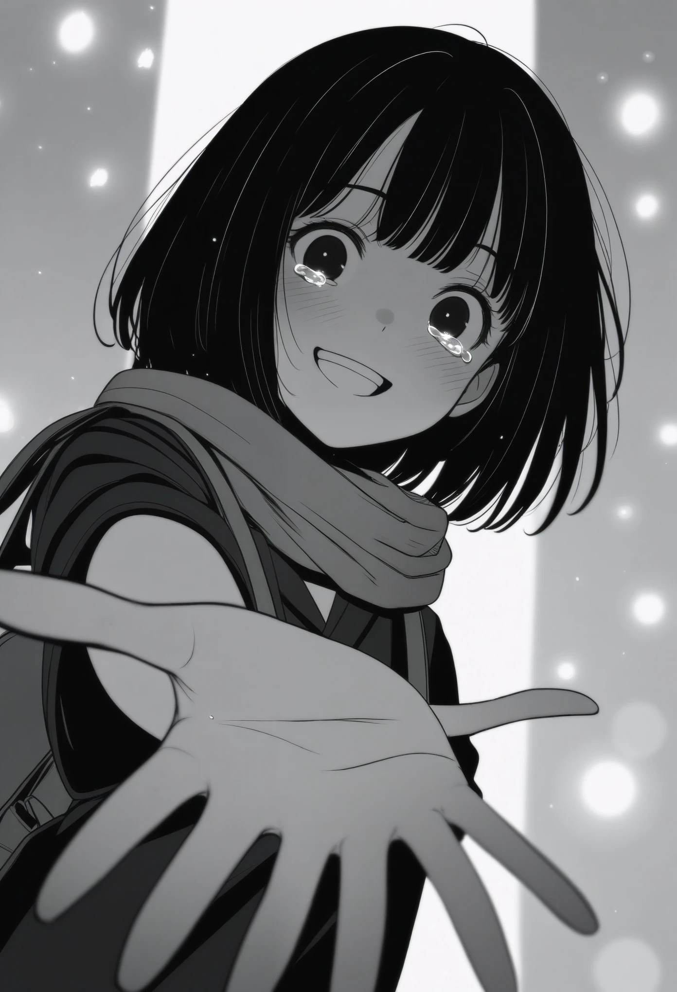 masterpiece, best quality, 1girl, mamerakkkkko, grayscale, manga style, japanese, chi no wadachi, black eyes, street, iced, black hair, schoolbag, smile, lineart, black coat, black scarf, black pleated skirt, leggins, centered, 18 years old, tall, fair skinned, bokeh background, crying, tears, tears streaming, bob cut, light particles, centered, snowing, (((reaching out a hand to viewer, perfect hand, detailed hand)))
