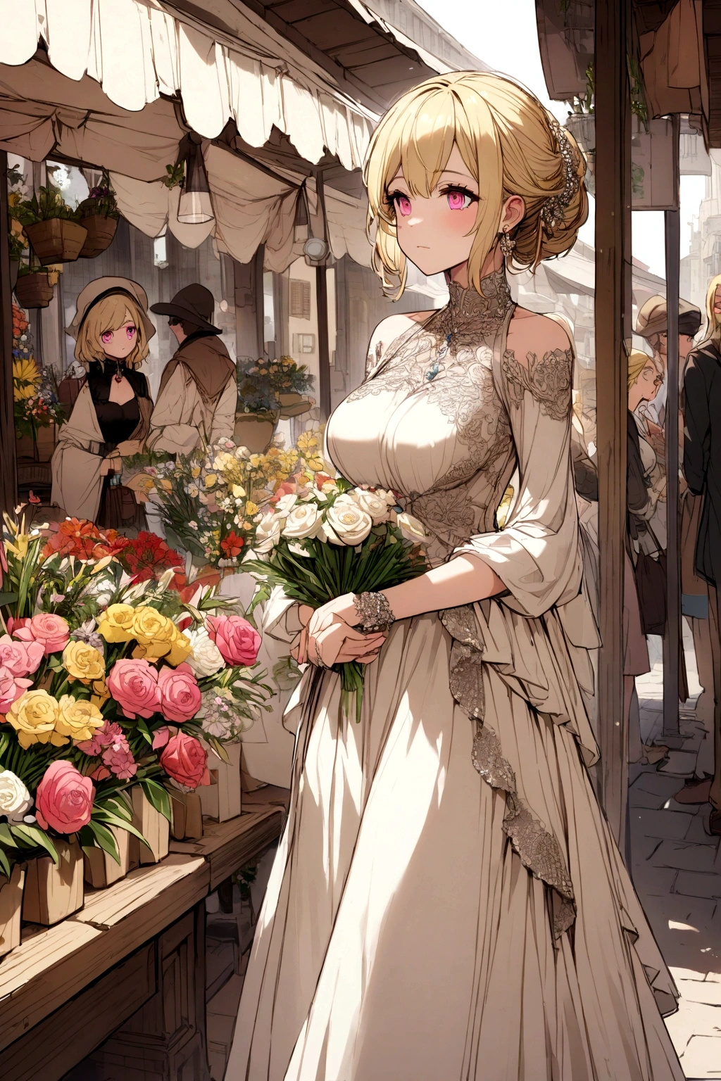 A busty blonde haired and pink eyed girl wearing a commoner's dress standing at her flower stand selling flowers 