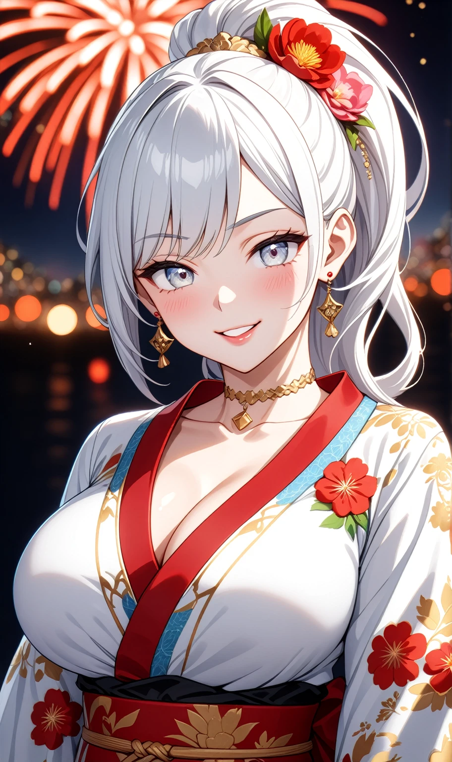 ((One personの女性)), Beautiful Face, (Laughing embarrassedly), (naughty face), ((Wink:1.8)), Laugh with your mouth wide open,((Bright red cheeks:1.4)),Shiny red lips,night,横浜のnight景,You can see the ocean, firework,,Glossy pink lips,Facial lighting,((Anime style background)),masterpiece, Highest quality, so beautiful,up to date, Complex details, (Pink long nails), (ring),(bracelet),(choker),AI-generated, Complex,High resolution, Highest quality, super high quality,3D Images、3D Images,One person,Long white hair,High Ponytail,(blue eyes),Anime woman posing for a photo, ((Fine grain、Silvery white colorful eyes、Shining Eyes:1.3)),(Squint your eyes:1.1),a hyperRealistic , hyperRealistic , Realistic,Anime woman with long white hair, Smooth anime CG art, A woman in a colorful kimono with gold embroidery, (Black long sleeve kimono),Red floral pattern,Long flower hair ornament,Earrings,Mature Body,(Big Breasts:1.1),Tall,Abdominal muscles,Narrow waist,(Zoom up to face:1.4), ((front view)),