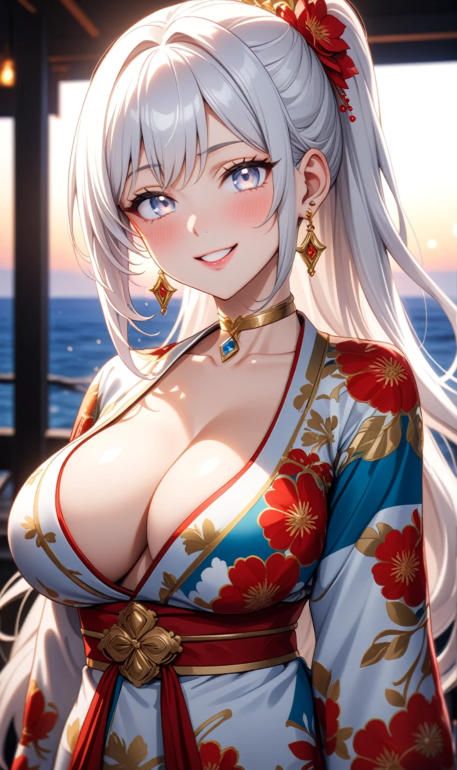 ((One personの女性)), Beautiful Face, (Laughing embarrassedly), (naughty face), ((Wink:1.8)), Laugh with your mouth wide open,((Bright red cheeks:1.4)),Shiny red lips,night,横浜のnight景,You can see the ocean, firework,,Glossy pink lips,Facial lighting,((Anime style background)),masterpiece, Highest quality, so beautiful,up to date, Complex details, (Pink long nails), (ring),(bracelet),(choker),AI-generated, Complex,High resolution, Highest quality, super high quality,3D Images、3D Images,One person,Long white hair,High Ponytail,(blue eyes),Anime woman posing for a photo, ((Fine grain、Silvery white colorful eyes、Shining Eyes:1.3)),(Squint your eyes:1.1),a hyperRealistic , hyperRealistic , Realistic,Anime woman with long white hair, Smooth anime CG art, A woman in a colorful kimono with gold embroidery, (Black long sleeve kimono),Red floral pattern,Long flower hair ornament,Earrings,Mature Body,(Big Breasts:1.1),Tall,Abdominal muscles,Narrow waist,(Zoom up to face:1.4), ((front view)),
