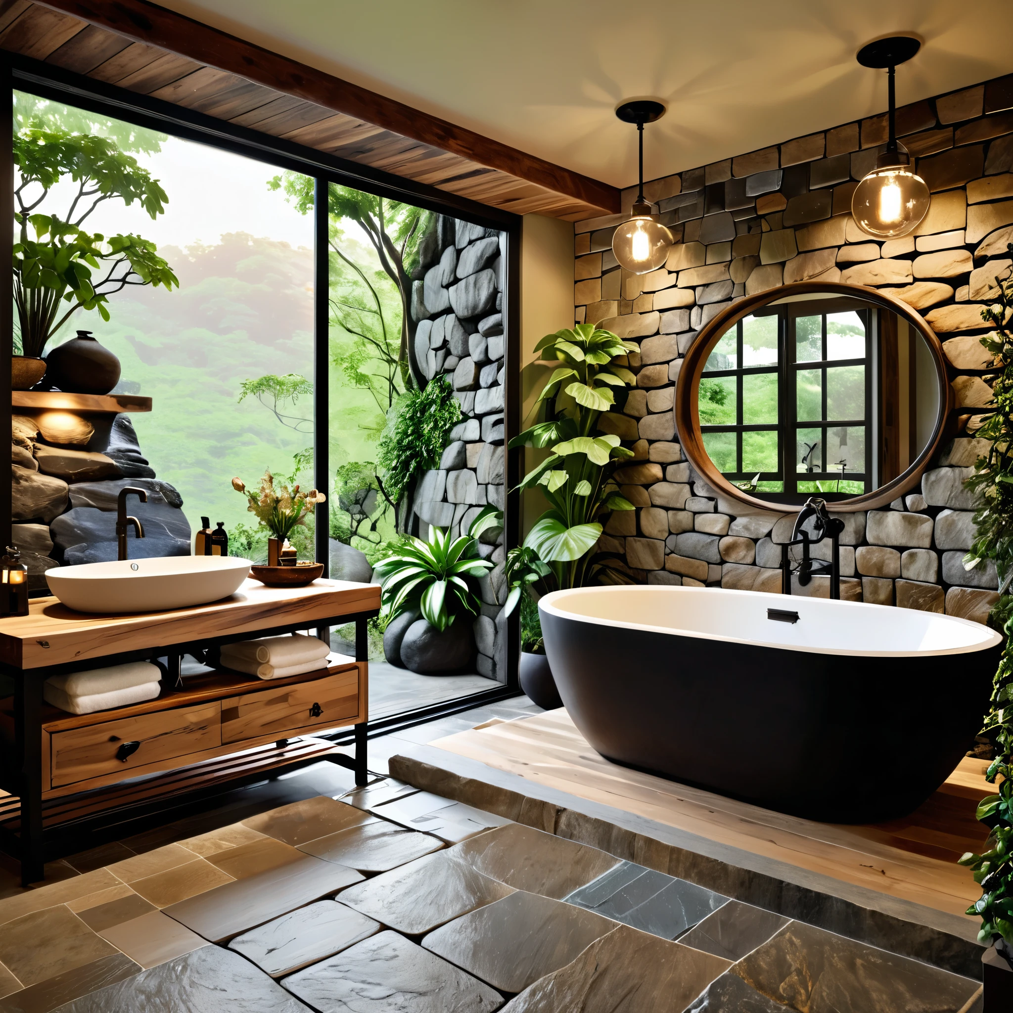 A vintage-inspired bathroom with an elegant design and natural elements. The room features a large, black freestanding bathtub, a wooden vanity with a classic sink, and vintage lighting fixtures. The walls are adorned with textured stone tiles, and a large glass window provides a stunning view of a natural rock garden and lush greenery. The color palette consists of dark tones with vintage wood and stone accents, creating a nostalgic and serene atmosphere.