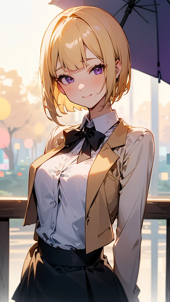 1 Girl、8K、Sharp focus、(Bokeh) (Highest quality) (Detailed skin:1.3) (Intricate details) (anime)、(blonde)、short hair、Bobcut、Blunt bangs、Beautiful purple eyes、Slender body、White shirt、Black mini skirt、Black Fitted Blazer、Side body、Calm face、Mouth closed、Cheeky Smile、Squint your eyes、Park in the background、sunset、Soft lighting.
