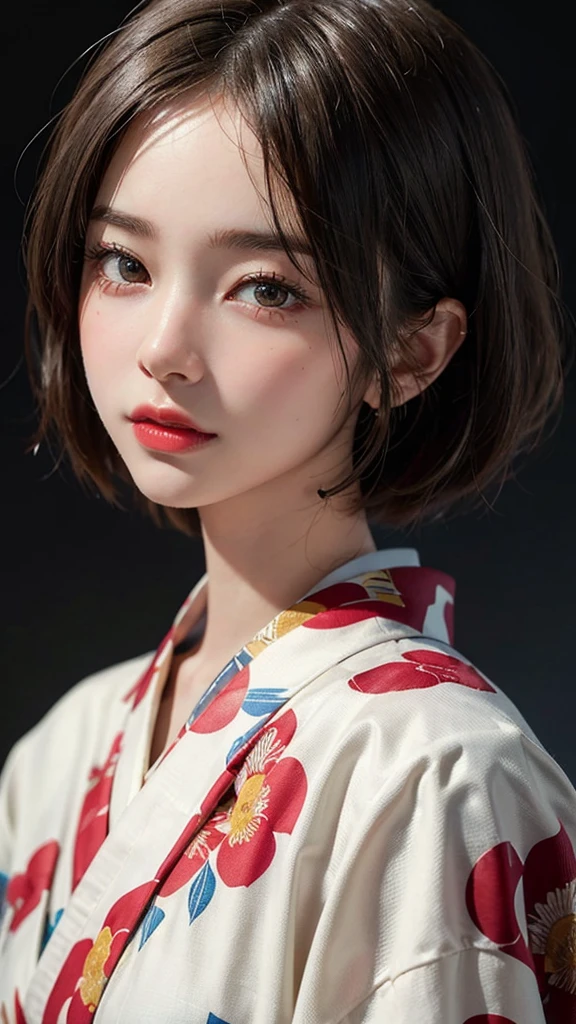 (Highest quality, masterpiece:1.3), shape, ((Beautifully detailed face)), beautifully detailed skin, Intricate details, Very detailed, Best image quality in 8K,(18 year old high school girl:kimono),A Japanese girl,Baby Face,(Detailed Hair,Bobcut:1.4),Detailed lips,Open your mouth,(The whole body is shown),blush,Embarrassing,Realistic Face,Realistic Skin,(Vibrant Skin),Vivid lips,Lip gloss