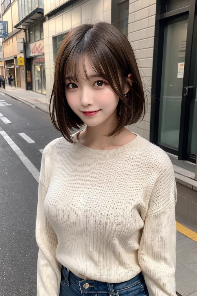 Flying debris, Highest quality, shape, Very detailed, finely, High resolution, 8K デンデ wallpaper, 完璧なダイナミックな構shape, Beautiful and detailed, knit long sleeve sweater,Medium Hair, Center of chest, Natural color lip, Random sexy poses,smile,Aoyama Street Walk、short hair、Brown Hair