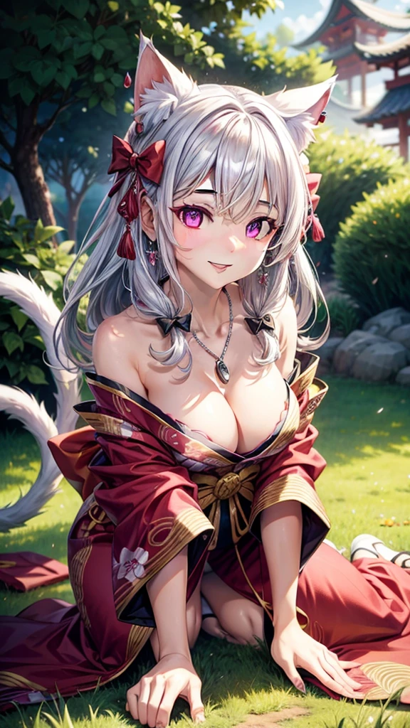 Silver hair, pink eyes, body, cat ears, sexy girl, earrings, nature background, hair bows, mitsuri, red kimono, bells necklace, cat on ground, happy face