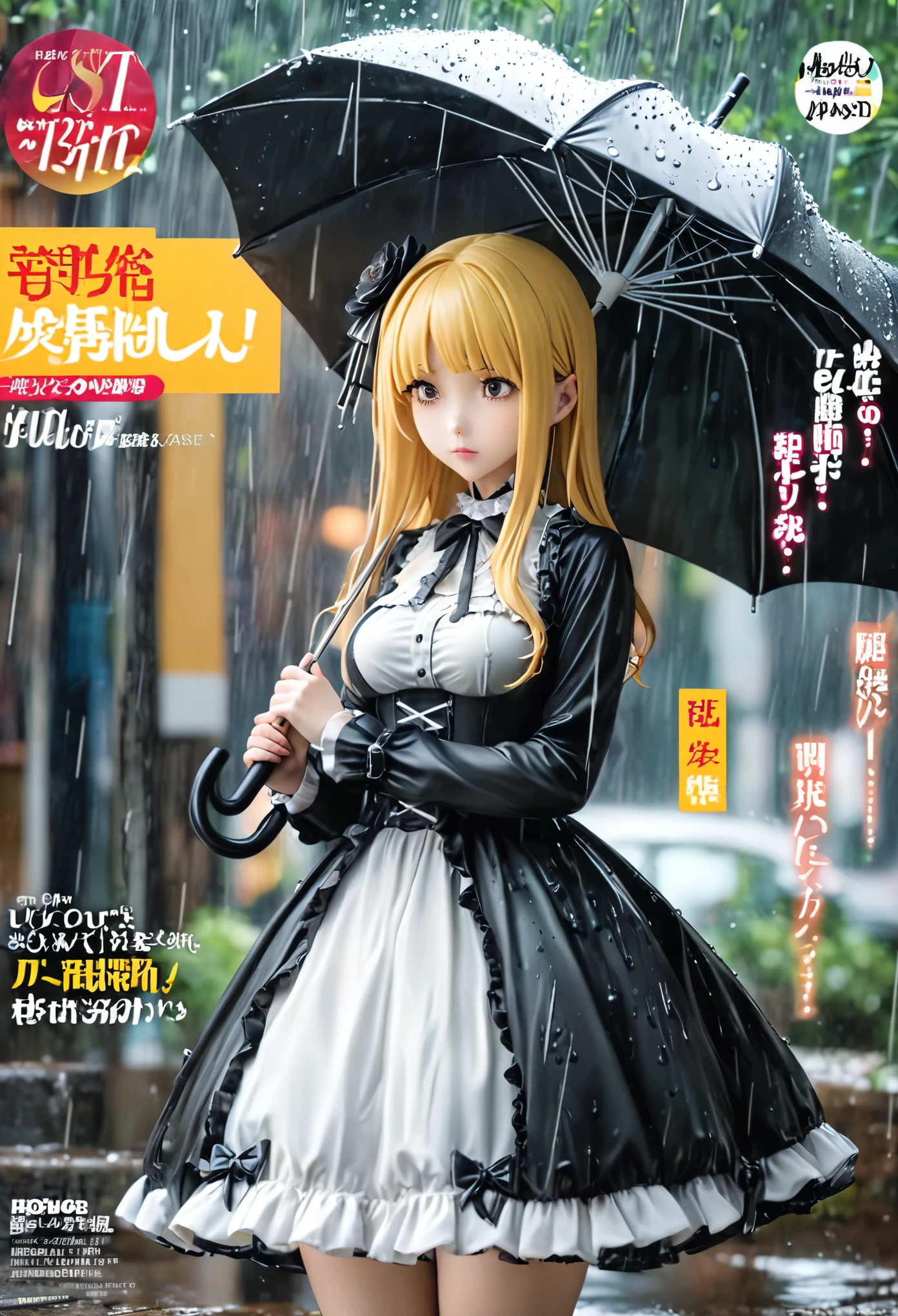Magazine cover(masterpiece, best quality:1.2), 1 girl holding an umbrella, solitary,blond((gothic_ta))outdoor,rain(HD)((best quality)), ((Surrealism))
