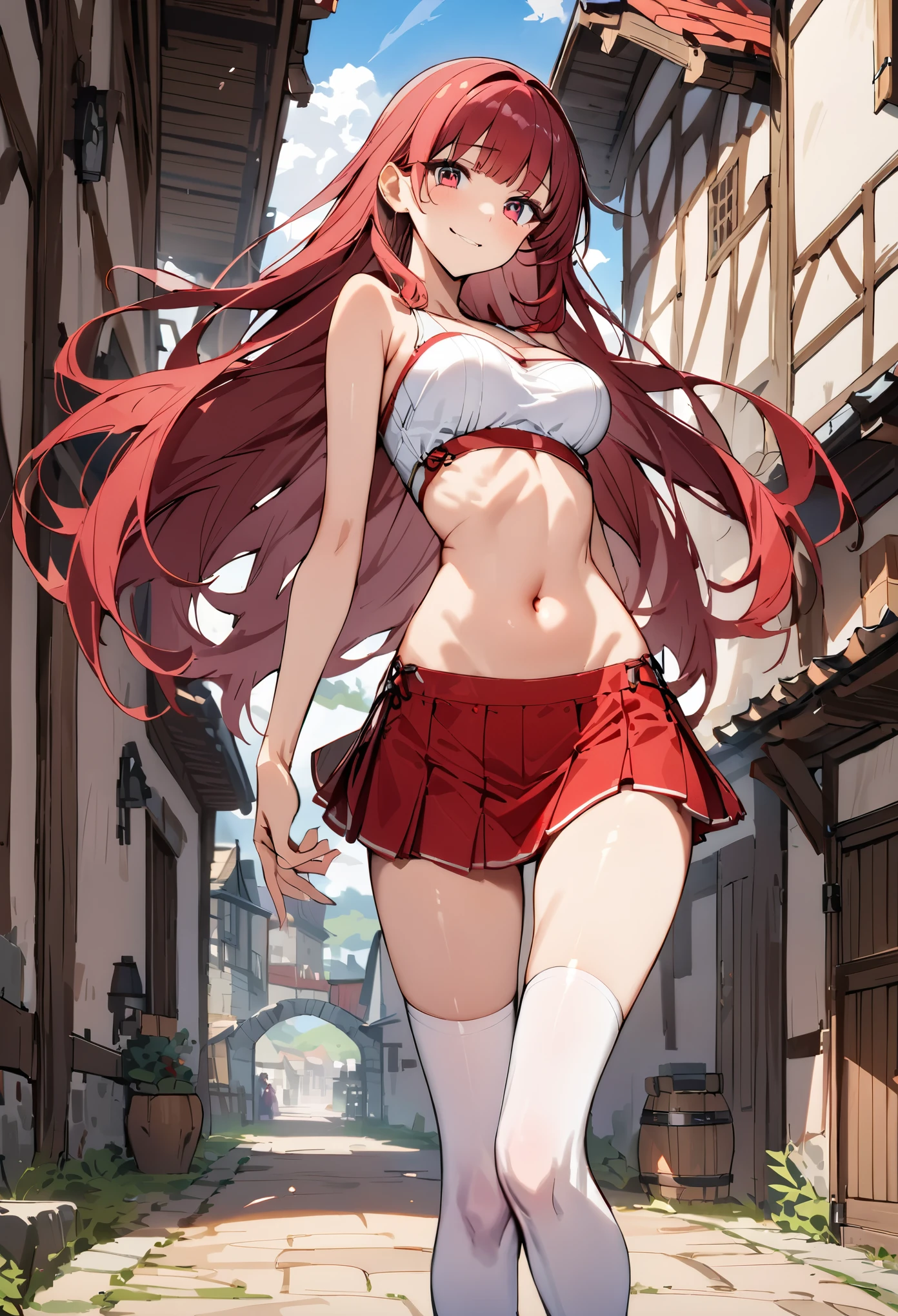 ((masterpiece,Highest quality:1.3)),1woman,30 year old beauty,独奏,((very small head:1.3)),red hair,long hair,blunt bangs,red eyes,gorgeous eyes,shy,smile,medium breasts,((very long body:1.3)),((toned body,slender body,)),skinny,gleaming skin,shiny skin,((Red pleated mini skirt)),(White tube top、navel、bara shoulder),((Red mini skirt))、rural area、sunny、Medieval Europe、