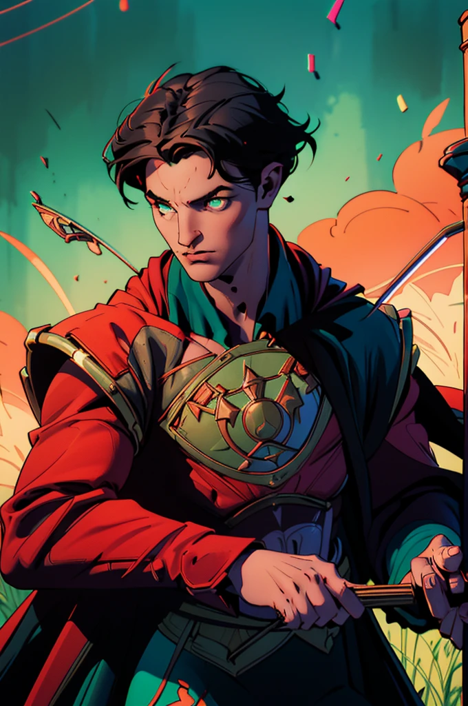 Human male Bard with dark hair very short on the side and green eyes. Wears earrings. Play a violin. surrounded by magical dancing illusions. Wears red clothes and a cape. D&d. Character. Magic. Music. Musican. Bard. Magician.