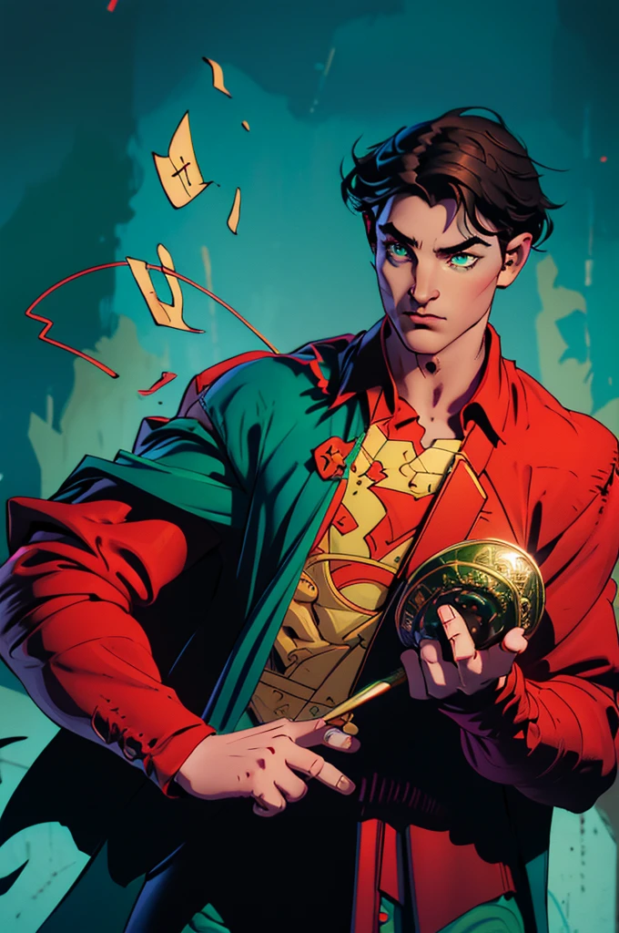 Human male Bard with dark hair very short on the side and green eyes. Wears earrings. Play a violin. surrounded by magical dancing illusions. Wears red clothes and a cape. D&d. Character. Magic. Music. Musican. Bard. Magician.