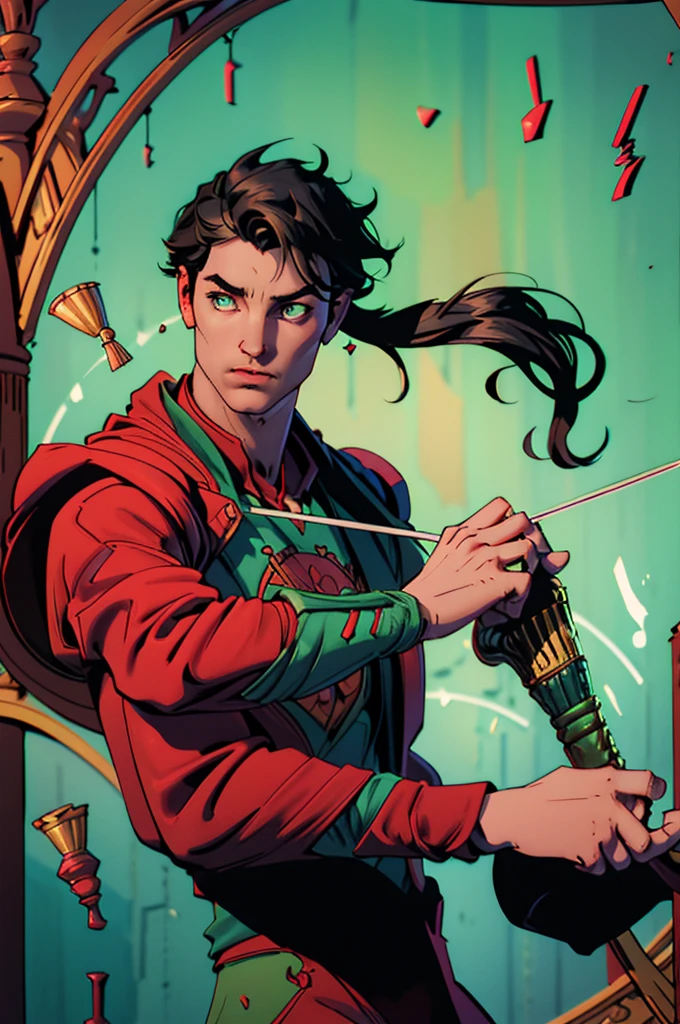 Human male Bard with dark hair very short on the side and green eyes. Wears earrings. Play a violin. surrounded by magical dancing illusions. Wears red clothes and a cape. D&d. Character. Magic. Music. Musican. Bard. Magician.