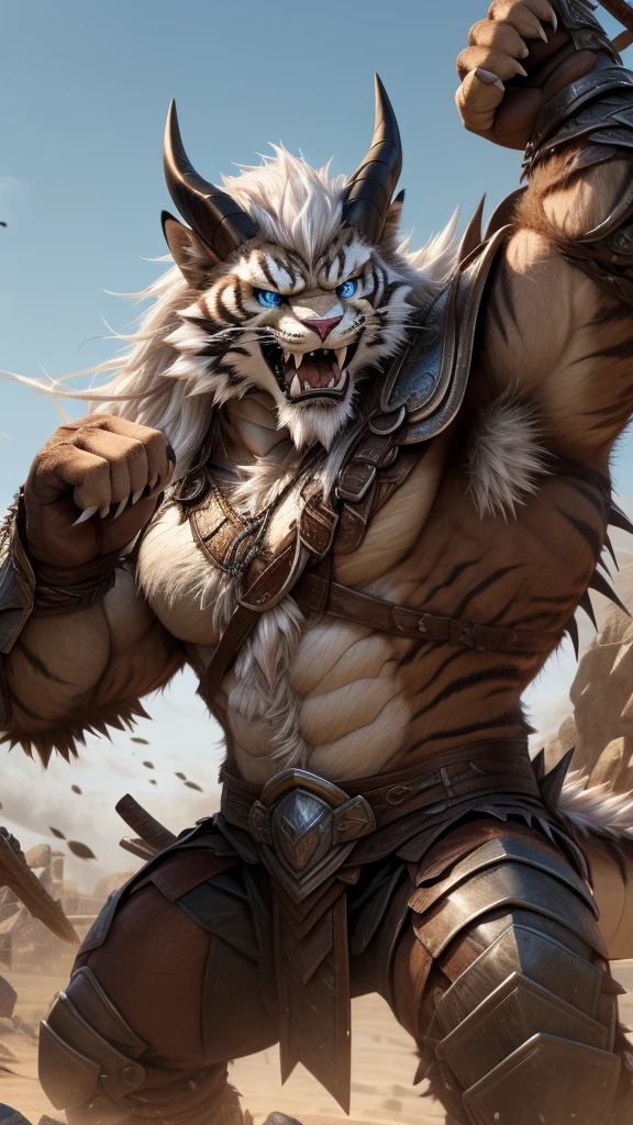 head、Animal cat face、A pair of dragon horns，Fluffy white hair all over the body、Heavy breathing、Gnashing of teeth,Serious expression,Fluffy belly、Leather Armor，Viking style，wildcat、blue eyes，(contour）The whole body is covered with long white hair、Hairy body、Long and thick armpit hair、Fangs、4K，War Background，Sharp claws、Capture the composition of the whole body、 Hand raised huge sword，Fighting Stance，HD