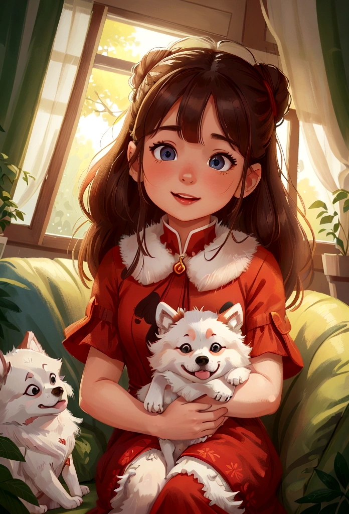 Create a close-up portrait in 4K resolution of a girl in a red dress with a white Siberian Husky dog. The girl should have a joyful and affectionate expression, with her hair styled naturally. She is wearing a vibrant red dress that stands out against the background. The white Siberian Husky dog, with its striking blue eyes and fluffy coat, is by her side, looking happy and alert. The setting can be a cozy living room or an outdoor scene with greenery, providing a warm and inviting atmosphere. The lighting should be soft and natural, highlighting the bond between the girl and her dog.