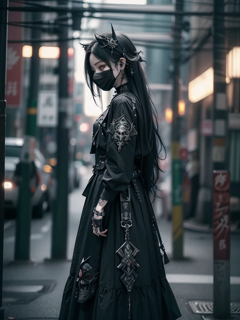 Highest quality、8K、masterpiece:1.3、Gothic Punk、The inside color is red、Black-haired、hair ornaments、Beautiful girl、creative、Dark Fantasy Style、Neogoth、Goth Fashion:1.2、High resolution、masterpiece、Highest quality、頭w:1.3、((Hasselblad Photos))、Fine skin、Sharp focus、(Cinematic lighting)、Realistic textured hair、((Black Mask)),Esbian all over、((View from below))