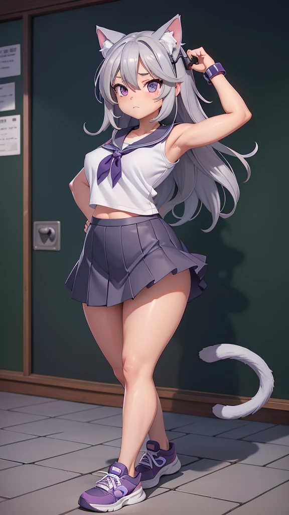Naked girl, pumped body, plump thighs, deep skin, silver hair, cat ears, two bell clips, purple eyes, fluffy silver tail, school shirt, blue wide skirt, black leggings, white sneakers, school class, near the blackboard, woman, solo