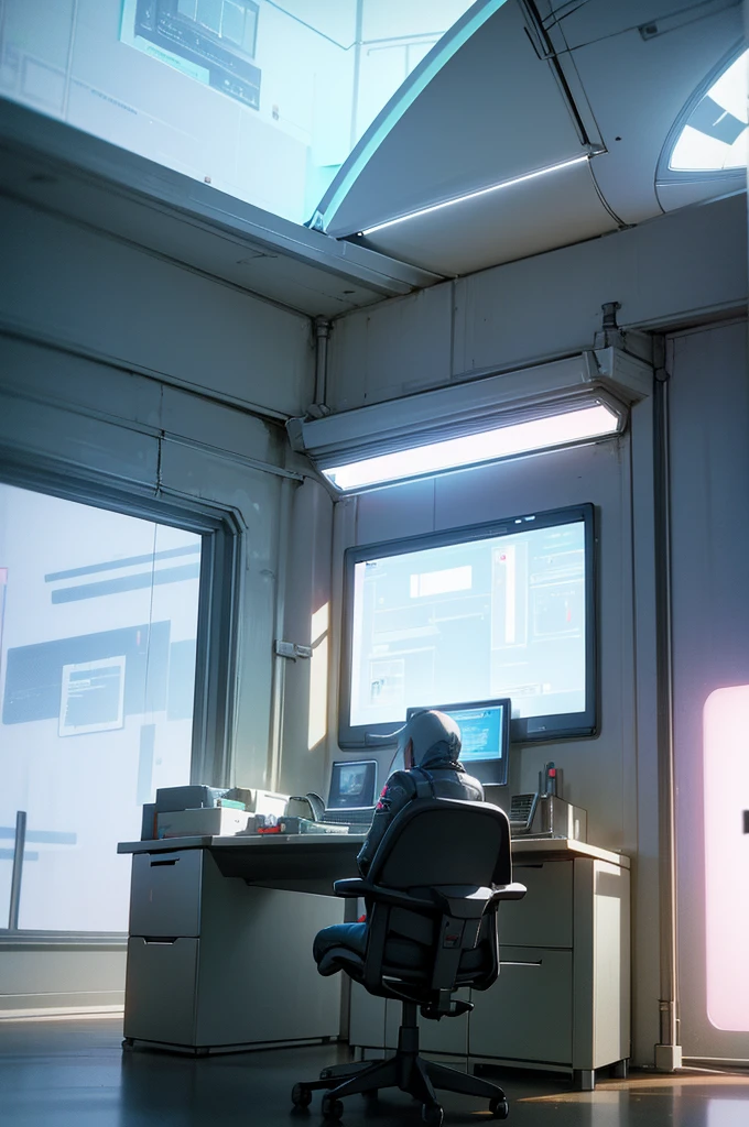 In front of the window there is a computer desk with a monitor and a chair., Futuristic room background, retro Futuristic apartment, Futuristic room, Futuristic interior, Desktop Graphics, Futuristic. Game CG, Futuristic decor, 3D iOS Room Photos, cgsociety 9, Gorgeous 3D rendering, Stunning 3D rendering, Stunning 3D rendering, Cyberpunk Apartment Uncle