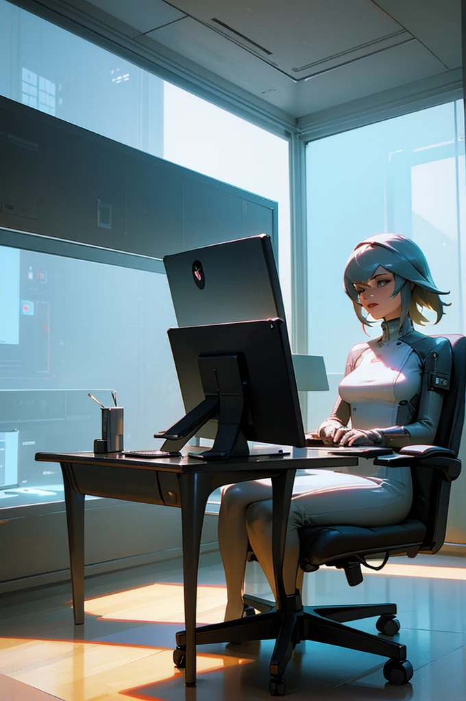 In front of the window there is a computer desk with a monitor and a chair., Futuristic room background, retro Futuristic apartment, Futuristic room, Futuristic interior, Desktop Graphics, Futuristic. Game CG, Futuristic decor, 3D iOS Room Photos, cgsociety 9, Gorgeous 3D rendering, Stunning 3D rendering, Stunning 3D rendering, Cyberpunk Apartment Uncle