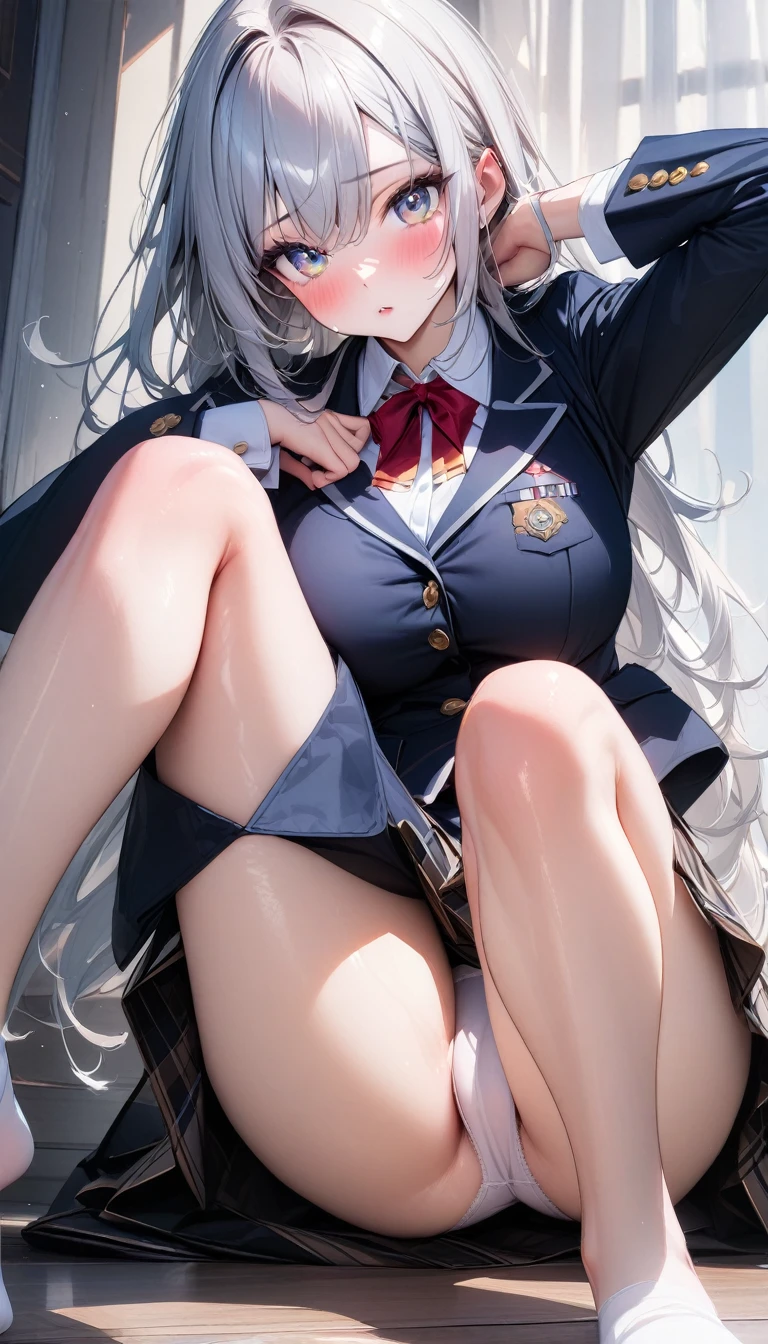 ((最high quality, 8K, masterpiece)), High resolution、(high quality: 1.5)、Very detailed、Detailed face、Bright colors、Natural light、Fine grain、Colorful eyes、Beautiful Face、非常にDetailed faceのテクスチャの女性,masterpiece, 最high quality, Detailed and beautiful eyes,最high quality、Best image quality、masterpiece、Mr.々Hairstyle,girl,Just beautiful,masterpiece,最high quality、Gal,Big Breasts,alone, (Head to toe), (Sit with your legs apart), (Crouching pose), (A composition showing panties), (Her legs were spread、I can see your pants.), (I was made to sit on the floor with my legs spread..), (M-shaped legs), Thin legs, Very beautiful and tall, (No shoes), blush, Shy big eyes, looking at the camera, Blazer Uniform, Checkered Pleated Skirt,so beautiful、High resolution,((Glamorous Body)))(masterpiece:1.2)、(最high quality:1.2)、Latest Glossy Skin