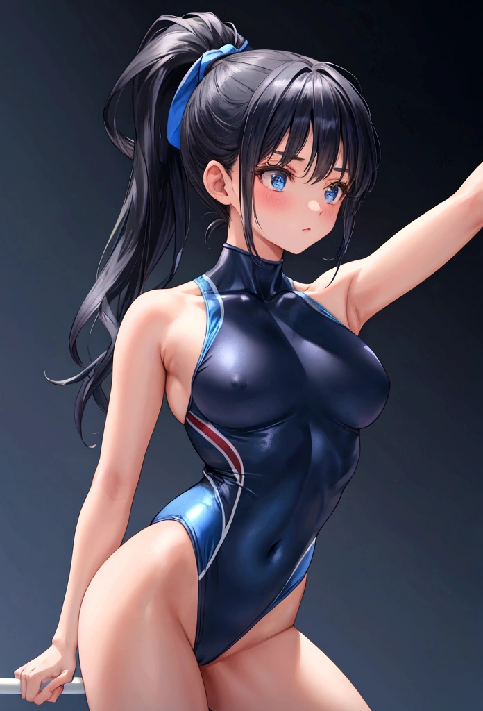New Gymnastics　Blue leotard　Black Hair　ponytail　Beautiful breasts