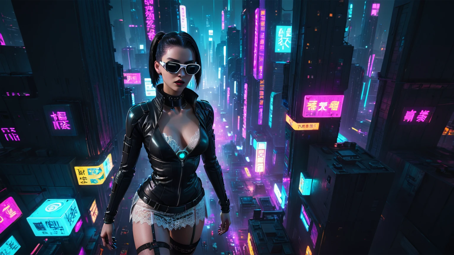 (((1woman, solo))), rainbow light, 3d neon art of a woman's body, cyberpunk femme fatale, seductive cyberpunk dark fantasy, cyberpunk 20 y. o large-breast:1.2 model girl, (((with black miniskirt and white lace panty, with matrix style black micro sunglasses))), oppai cyberpunk, banner, high definition cgsociety, cgsociety masterpiece, trending on cgstation, kda, (((((aerial view))))) image of neon-noir cyberpunk city in the background.