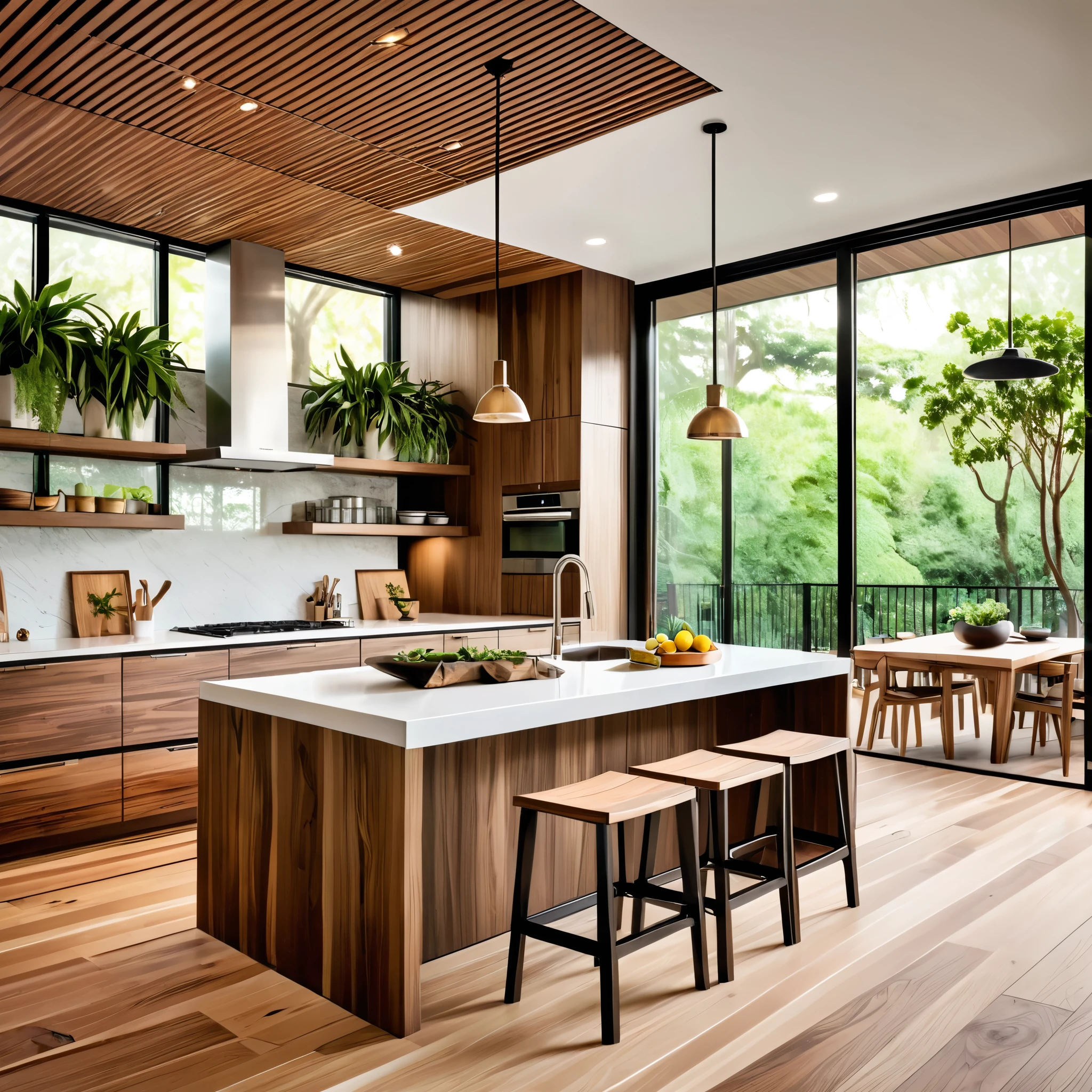 Design a stylish and functional kitchen with a mix of modern and natural elements. The space features a central island with a sleek white countertop and built-in stove, complemented by wooden bar stools. The kitchen cabinets are a combination of dark and light wood finishes, creating a contemporary and welcoming environment. Above the island, include a wooden slat ceiling feature with hanging plants for a touch of nature. Large windows ensure the kitchen is well-lit with natural light, highlighting the wooden flooring and clean, modern lines of the design. Focus on creating a space that is both elegant and practical.