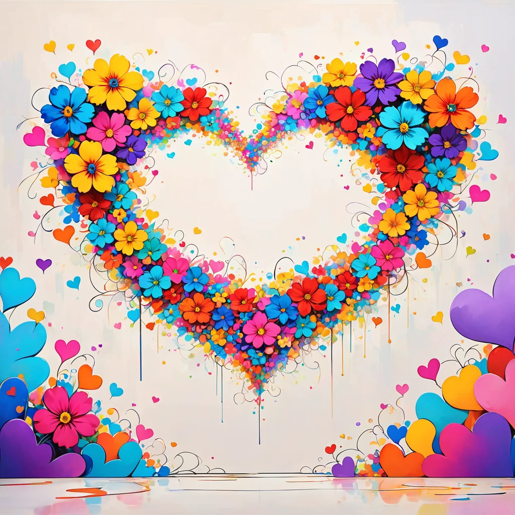 LAM style, Simple Line Initialism,Abstract art,Urban Background, colorful hearts ,colorful flowers, No people, dreams