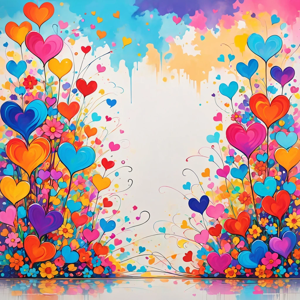 LAM style, Simple Line Initialism，Abstract art，Urban Background, colorful hearts ,colorful flowers, No people, dreams