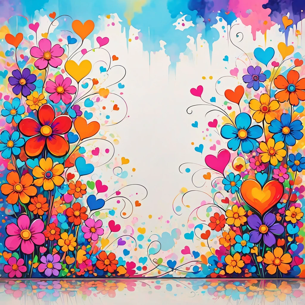LAM style, Simple Line Initialism,Abstract art,Urban Background, colorful hearts ,colorful flowers, No people, dreams