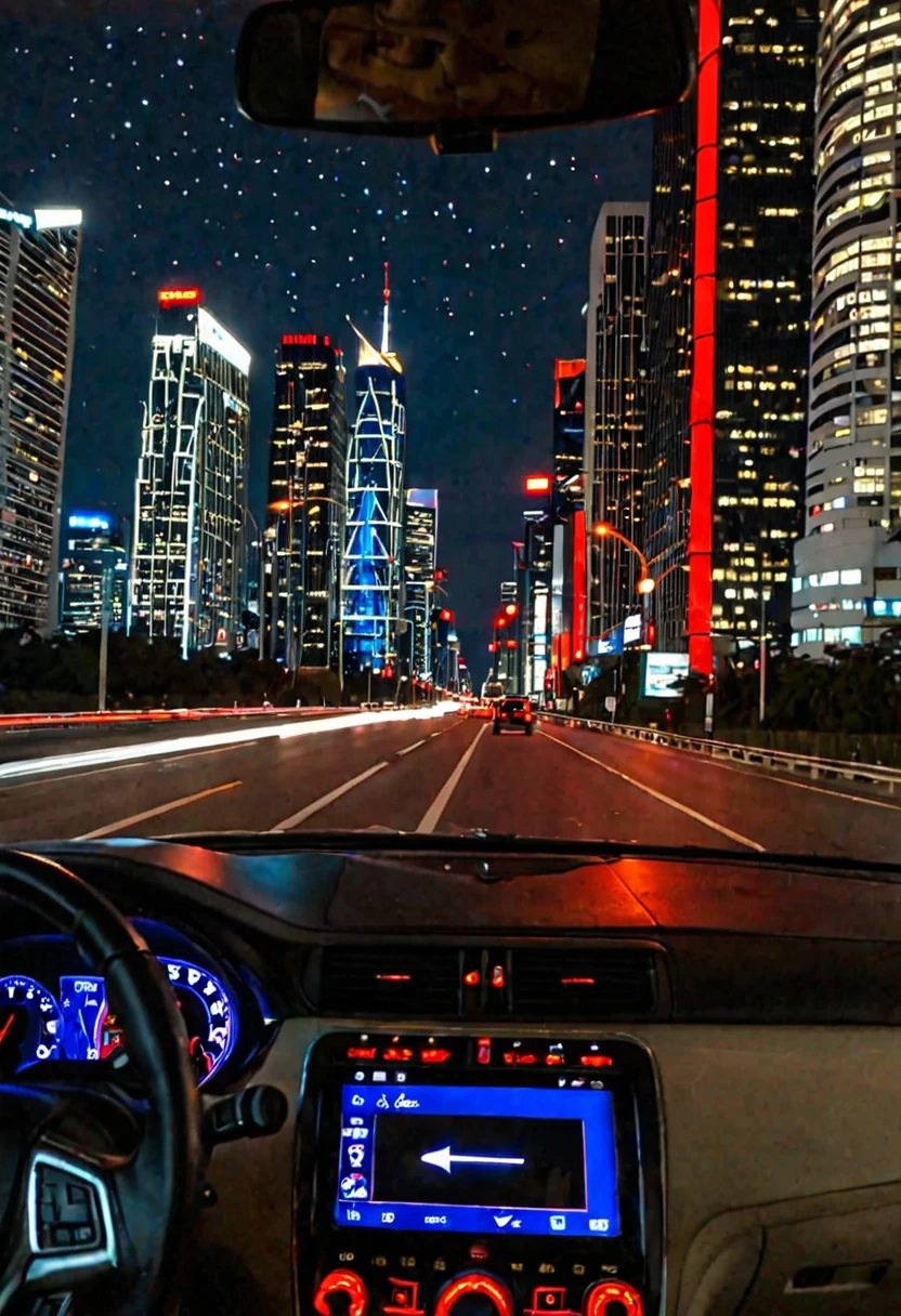 A beautiful night view seen through the windshield of a car. The city is filled with shining neon lights and tall skyscrapers. The road is illuminated by the red tail lights of cars, with reflections on the windshield. A few stars are visible in the night sky, with the moon shining brightly. The view is from inside the car, showing the dashboard and steering wheel.