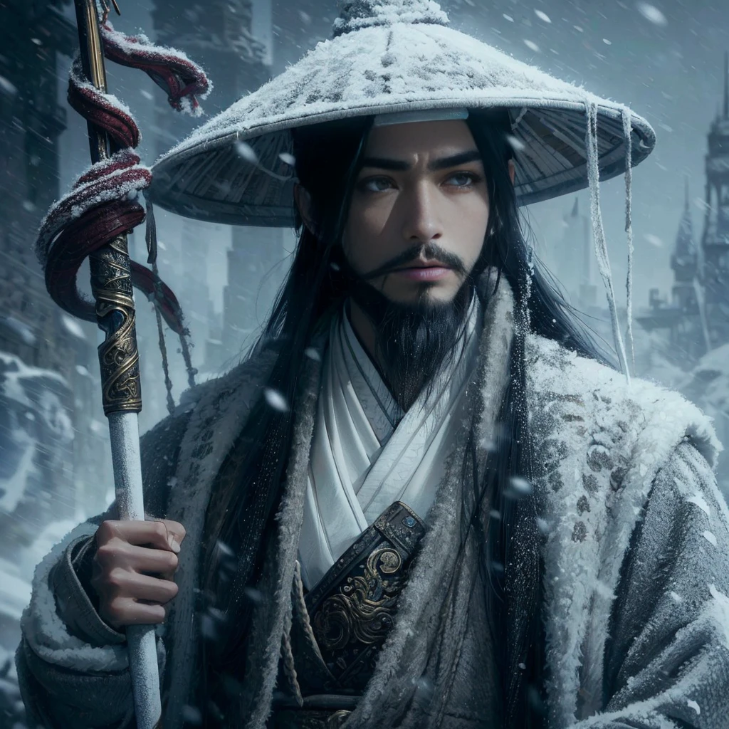 (Masterpiece:1.2), (Best Quality:1.2), (high resolution:1.2), (beautiful face and eye:1.2), (sharpest focus:1.2), (Ultra-realistic Photo:1.2), (Ultra-precise Photo:1.2), (Depth of field:1.2), (perfect anatomy:1.2), (nice hands:1.2),
(perfect hands:1.2), (five fingers:1.2), (Young, fearless, beautiful, shady Chinese man:1.0), (Lonely Chinese warrior with spear:1.0), (Neatly trimmed short beard and tied hair:1.0), (Blazing Chinese period drama style fortress:1.0),
(long spear with serpentine blade and ornate decoration:1.0), (white tsubakuhiro cap and cloak:1.0), (white armor with red, blue, and yellow coloring:1.0), (snowstorm:1.0), (melancholy expression:1.0), (picturesque standing figure:1.0),