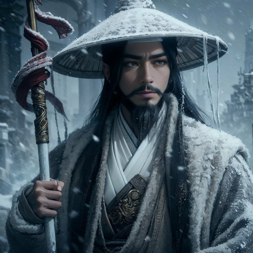 (Masterpiece:1.2), (Best Quality:1.2), (high resolution:1.2), (beautiful face and eye:1.2), (sharpest focus:1.2), (Ultra-realistic Photo:1.2), (Ultra-precise Photo:1.2), (Depth of field:1.2), (perfect anatomy:1.2), (nice hands:1.2),
(perfect hands:1.2), (five fingers:1.2), (Young, fearless, beautiful, shady Chinese man:1.0), (Lonely Chinese warrior with spear:1.0), (Neatly trimmed short beard and tied hair:1.0), (Blazing Chinese period drama style fortress:1.0),
(long spear with serpentine blade and ornate decoration:1.0), (white tsubakuhiro cap and cloak:1.0), (white armor with red, blue, and yellow coloring:1.0), (snowstorm:1.0), (melancholy expression:1.0), (picturesque standing figure:1.0),