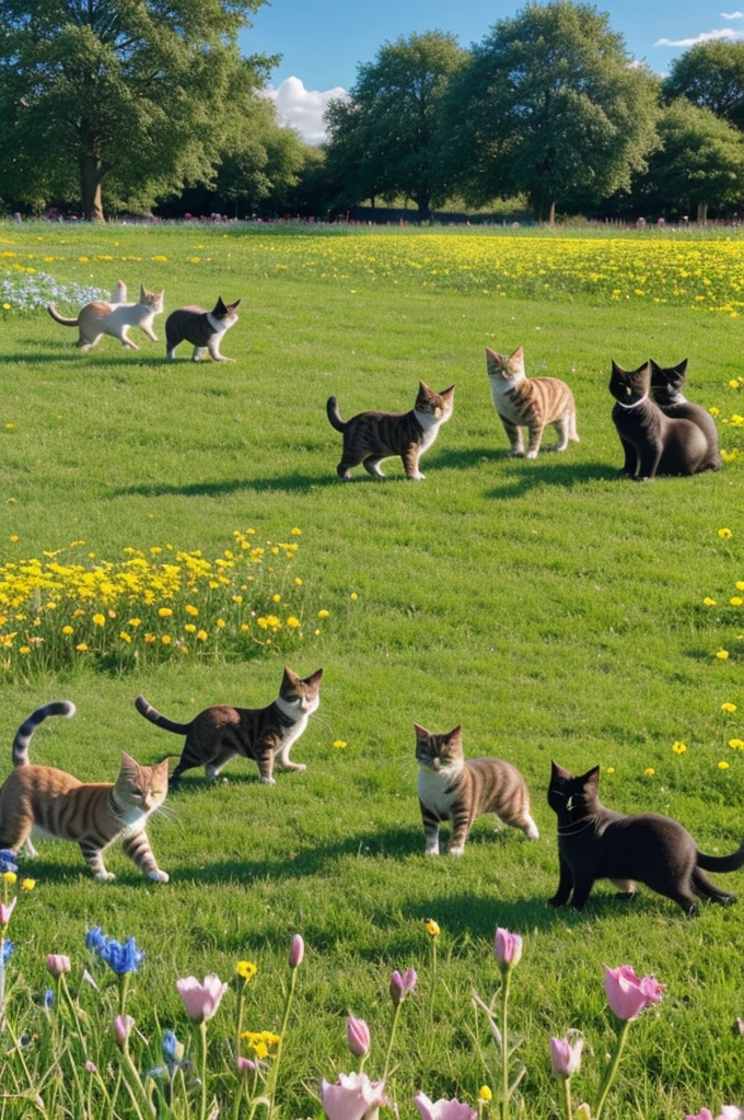 a group of cats playing, a field full of flowers, under a blue sky