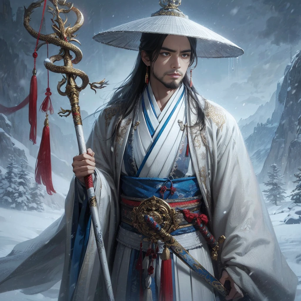 (Masterpiece:1.2), (Best Quality:1.2), (high resolution:1.2), (beautiful face and eye:1.2), (sharpest focus:1.2), (Ultra-realistic Photo:1.2), (Ultra-precise Photo:1.2), (Depth of field:1.2), (perfect anatomy:1.2), (nice hands:1.2),
(perfect hands:1.2), (five fingers:1.2), (Young, fearless, beautiful, shady Chinese man:1.0), (Lonely Chinese warrior with spear:1.0), (Neatly trimmed short beard and tied hair:1.0), (Blazing Chinese period drama style fortress:1.0),
(long spear with serpentine blade and ornate decoration:1.0), (white tsubakuhiro cap and cloak:1.0), (white armor with red, blue, and yellow coloring:1.0), (snowstorm:1.0), (melancholy expression:1.0), (picturesque standing figure:1.0),