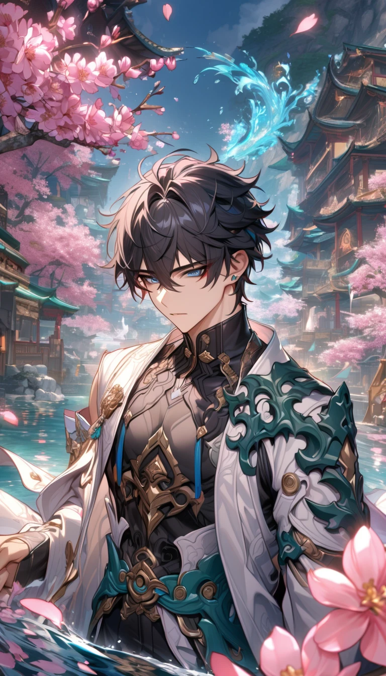 absurdres, highres, ultra detailed, HDR, master piece, best quality, Dan Heng, black hair, expressive blue eyes, Honkai Star Rail, solo, sexy man, handsome, black clothes, white coat, water, magic, blossoms, pink flowers, pink petals, fantasy, radiant