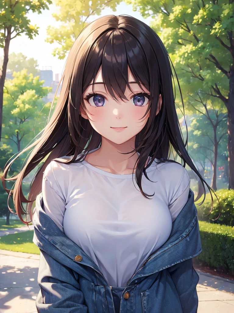 (masterpiece:1.5),(Beat quality),(high res),1girl solo,beautiful face,smile(shining eyes),upper body,light effects,Woman in plain clothes,The background is the park in the morning