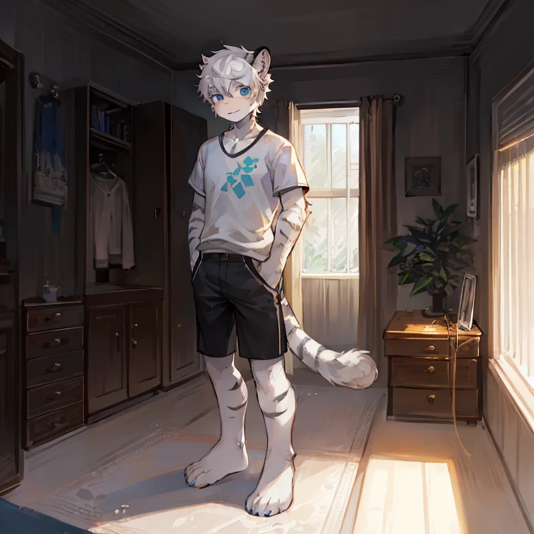 Dog, , solo, cute, big blue eyes, yellow and white fur, smile, blush on face, muscular, ((half naked)), (white boxer underwear), in bedroom, standing on the ground, sunny at noon, reflecting light, windows, blue sky and white clouds, fine body portrayal, correct hand portrayal, accurate details, Rembrandt light and shadow, 4K ultra clear